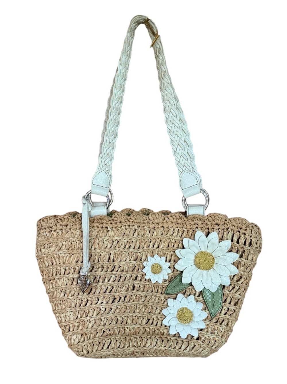 Vintage Brighton Straw Raffia Tote Purse 3D Daisy Flowers Leather Heart Charm.